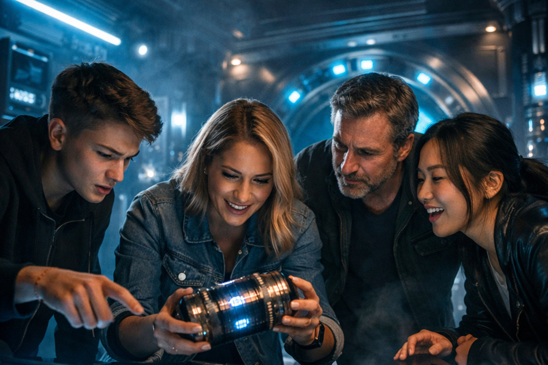 escape rooms in Connecticut team solving puzzle in immersive cinematic environment at REACT Premium Escape Rooms